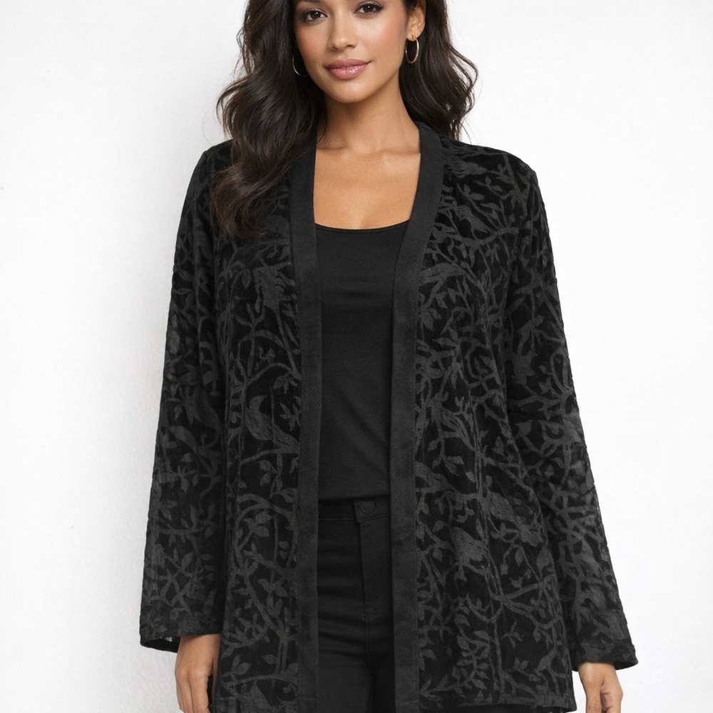 🌿 Blue Sky Fair Trade Black Cut Velvet Open Cardigan – Size Medium